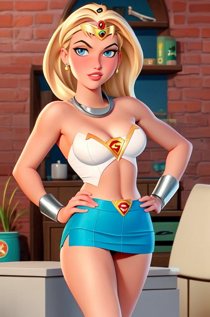 Super girl animated series 90s art style Bruce Timm Kara Danvers 14 year old girl slim blonde teenager sexy athletic body very short blue skirt showing you her white panties, blonde hair with bangs and tiara doing various sensual sexy poses (Dimy Olsen from the Daily Planet taking pictures of her) very short clothes from the 1996 animation and justice league unlimited