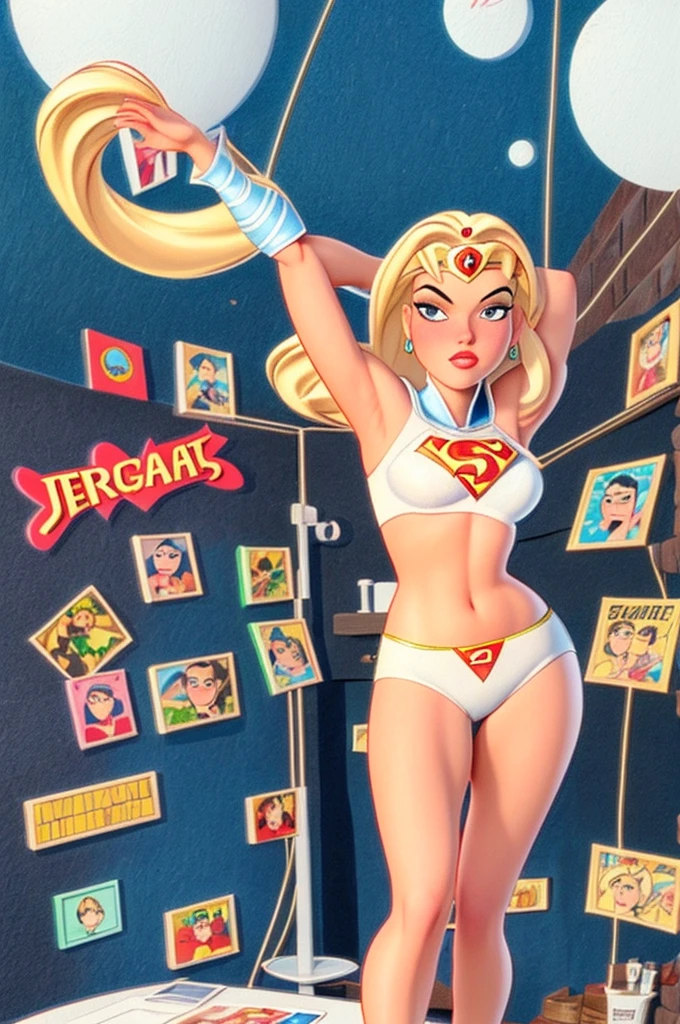 Super girl animated series 90s art style Bruce Timm Kara Danvers 14 year old girl slim blonde teenager sexy athletic body very short blue skirt showing you her white panties, blonde hair with bangs and tiara doing various sensual sexy poses (Dimy Olsen from the Daily Planet taking pictures of her) very short clothes from the 1996 animation and justice league unlimited