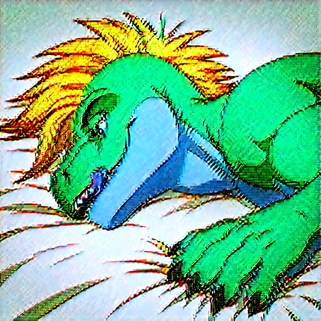 Blue-haired boy Lying down with a green dinosaur Illustration smiling, Sticking out tongue, Wide-angle shot,