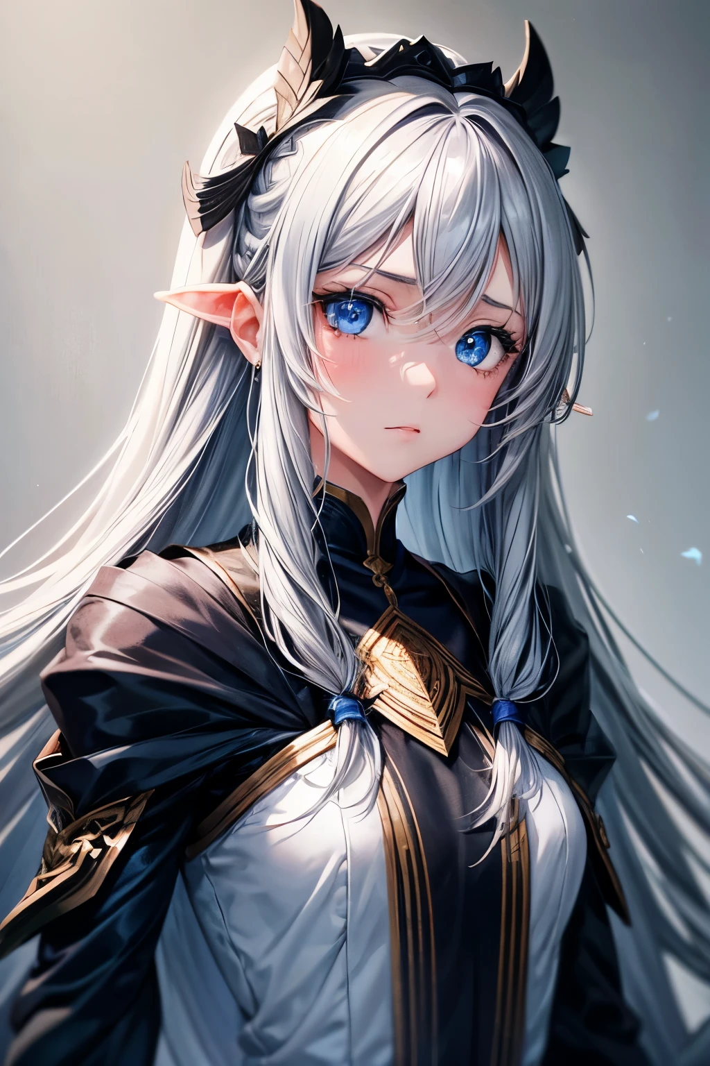 One girl, Long Hair, High resolution, Gaze, blue eyes, Food, Gray Hair, I want to cry, Simple Background, far and near method, Illustration,
