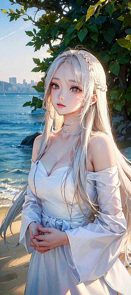 a beautiful woman with long white hair, standing on a sandy beach by the ocean, serene expression, cinematic lighting, highly detailed, oil painting, vibrant colors, dramatic atmosphere, photorealistic, (best quality,4k,8k,highres,masterpiece:1.2),ultra-detailed,(realistic,photorealistic,photo-realistic:1.37),beautiful detailed eyes,beautiful detailed lips,extremely detailed eyes and face,longeyelashes