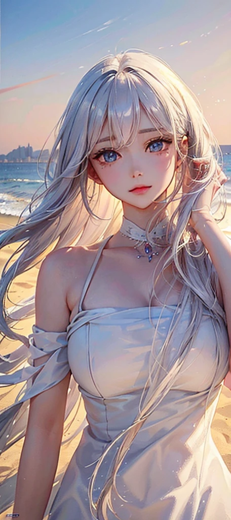 a beautiful woman with long white hair, standing on a sandy beach by the ocean, serene expression, cinematic lighting, highly detailed, oil painting, vibrant colors, dramatic atmosphere, photorealistic, (best quality,4k,8k,highres,masterpiece:1.2),ultra-detailed,(realistic,photorealistic,photo-realistic:1.37),beautiful detailed eyes,beautiful detailed lips,extremely detailed eyes and face,longeyelashes