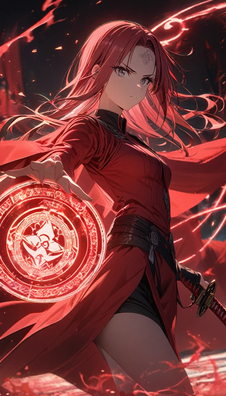 1girl,red curtain hair forehead,glowing katana,red glowing eldritch magic circle, serious,calm perfect body,8k,high definition,