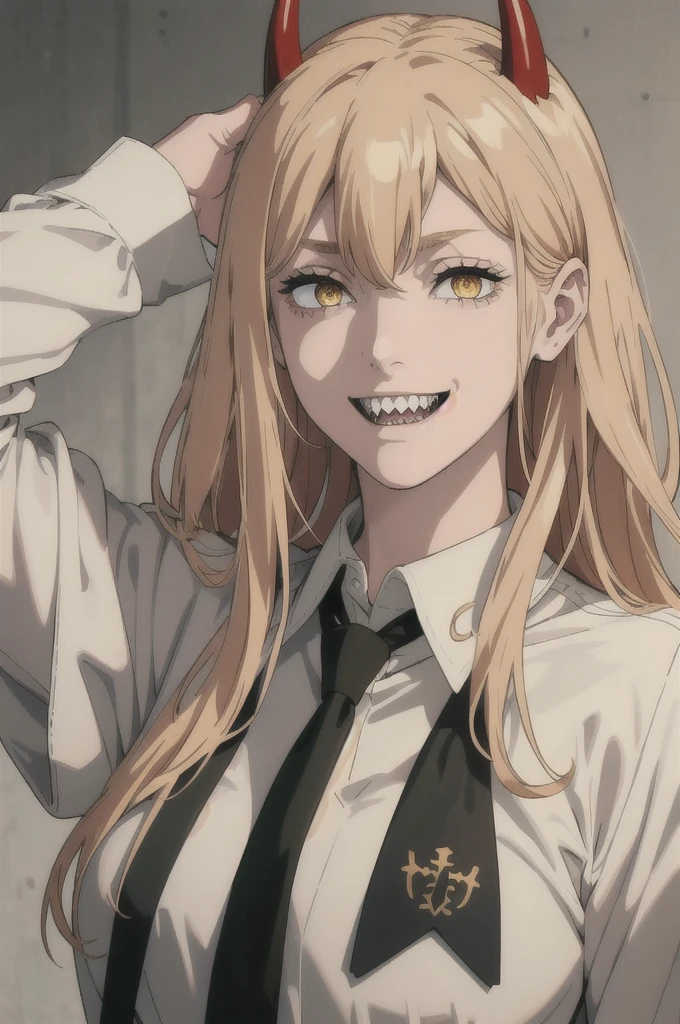 (best quality), (masterpiece), (solo), 1girl, power_csm, blonde hair, yellow eyes, cross-shaped pupils, symbol-shaped pupils, red horns, white buttoned shirt, black necktie, sharp teeth, grin, Cita romantica