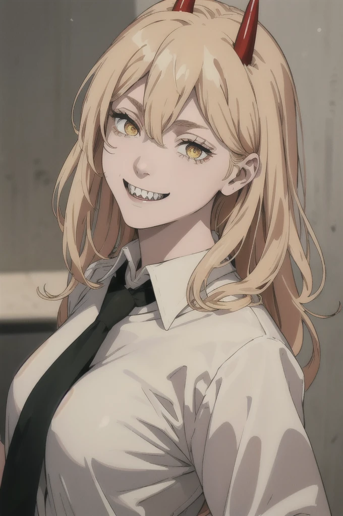 (best quality), (masterpiece), (solo), 1girl, power_csm, blonde hair, yellow eyes, cross-shaped pupils, symbol-shaped pupils, red horns, white oned shirt, black necktie, sharp teeth, grin, Cita romantica