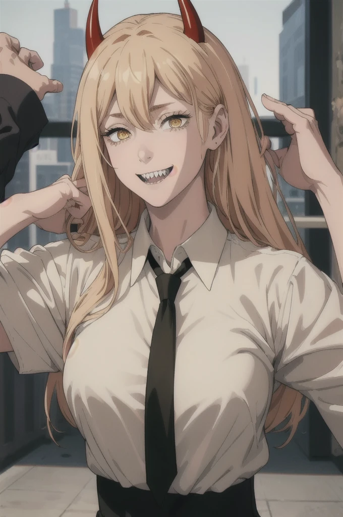 (best quality), (masterpiece), (solo), 1girl, power_csm, blonde hair, yellow eyes, cross-shaped pupils, symbol-shaped pupils, red horns, white buttoned shirt, black necktie, sharp teeth, grin, Cita romantica