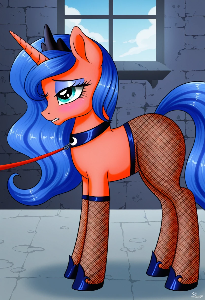 Pony   sad Princessa luna in   in fishnet tights  b locked in a dungeon walks on a leash