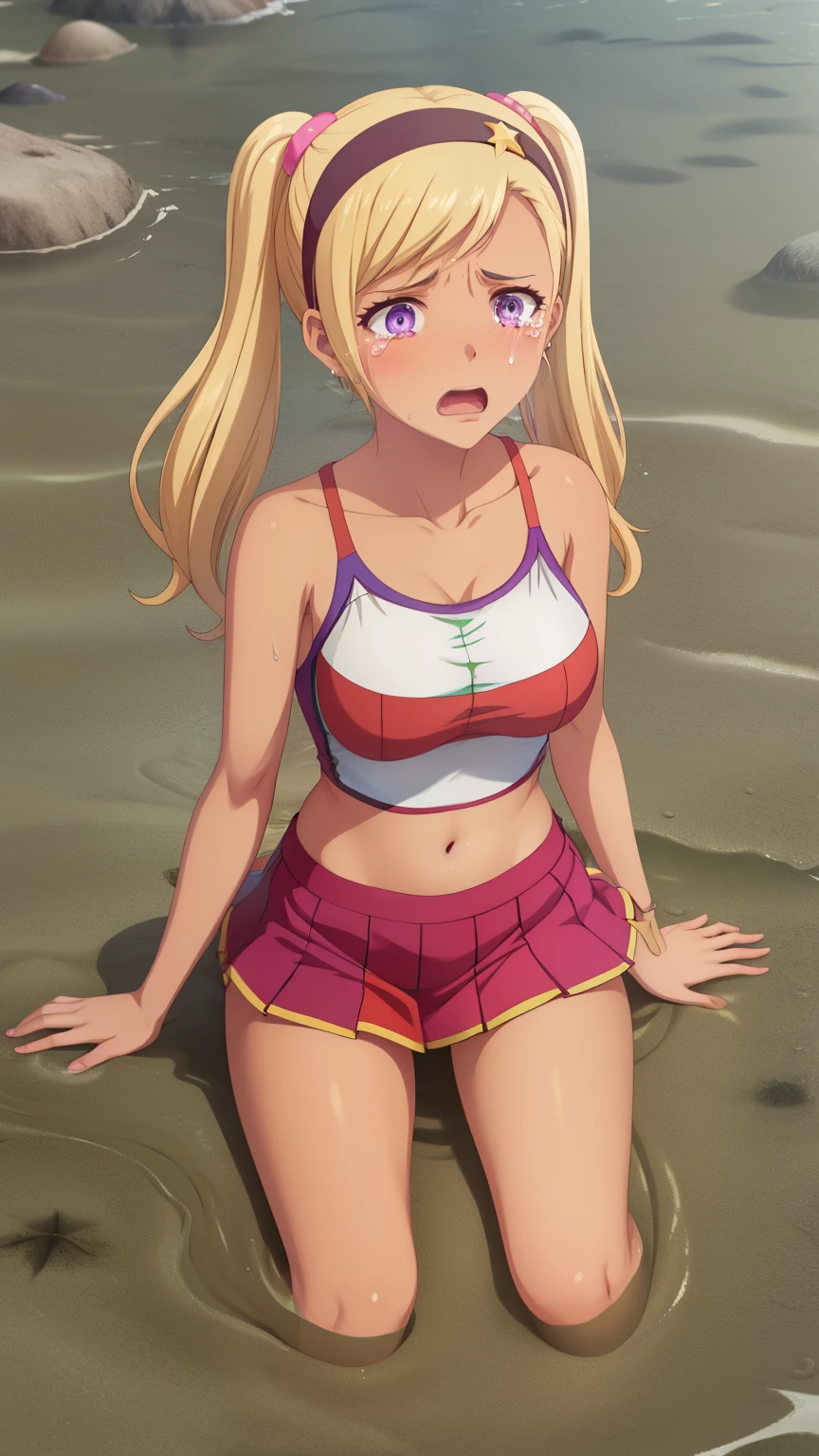 QUITTERIE RAFFAELI, LONG HAIR, BLONDE HAIR, TWINTAILS, PURPLE EYES, HAIRBAND, DARK SKIN, DARK-SKINNED girl, JEWELRY, EARRINGS, 1girl, solo, masterpiece, illustration, game CG, absurdres, highly detailed, cheerleader, collarbone, upset, tears in her eyes, (quicksand, partially submerged), beach