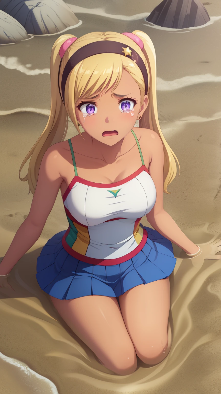 QUITTERIE RAFFAELI, LONG HAIR, BLONDE HAIR, TWINTAILS, PURPLE EYES, HAIRBAND, DARK SKIN, DARK-SKINNED girl, JEWELRY, EARRINGS, 1girl, solo, masterpiece, illustration, game CG, absurdres, highly detailed, cheerleader, collarbone, upset, tears in her eyes, (quicksand, partially submerged), beach