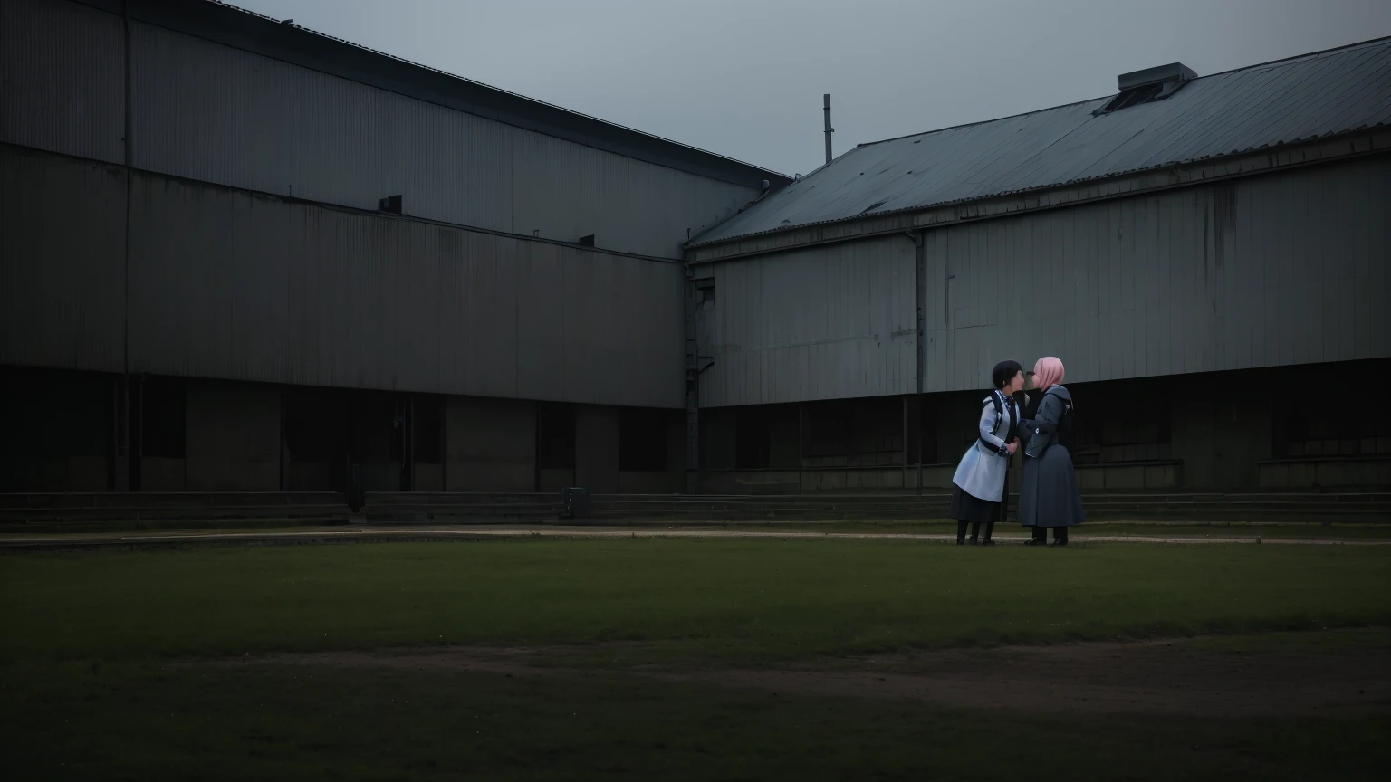 gestapo, female lesbian kawaii sisters kissing in Auschwitz concentration camp, wearing uniforms