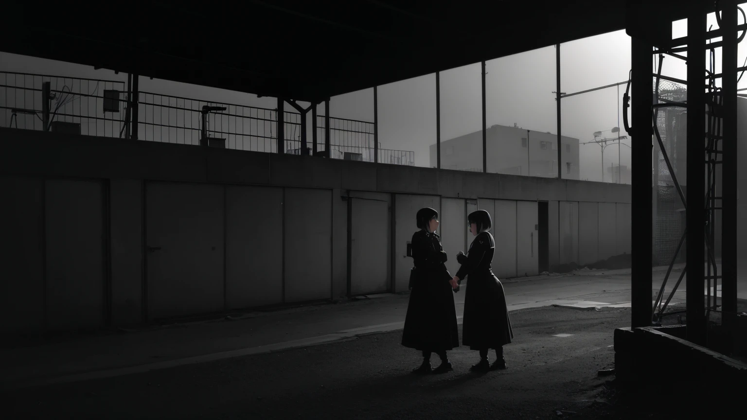 gestapo, female lesbian kawaii sisters kissing in Auschwitz concentration camp, wearing uniforms