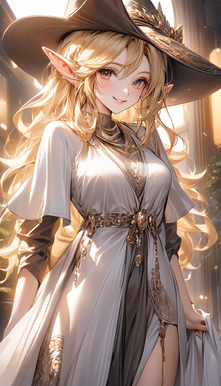 ((highest quality)), ((masterpiece)), (be familiar with), perfect face, gorgeous dress, wide open chest, blonde hair, rich hair, detailed fingertips, looking here, Upper body, shiny hair, Beautiful smile, white skin, High resolution, glittering costumes, standing position, mature adult woman, elf, pointy ears, Wide-brimmed hat, Put a Paisley scarf around her neck, At the Night Lounge
