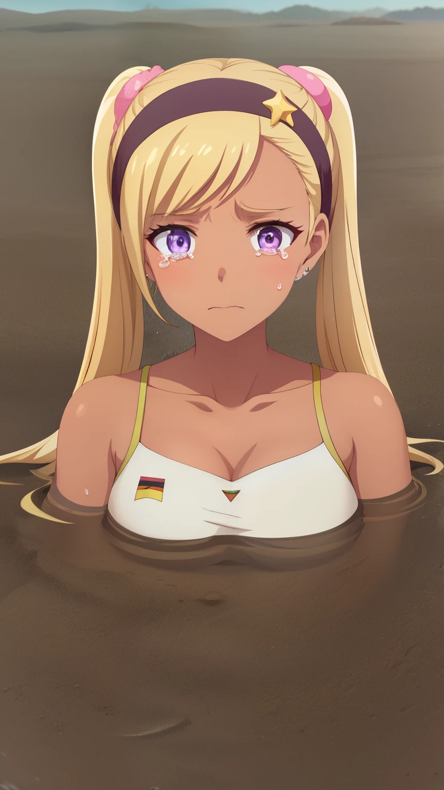 QUITTERIE RAFFAELI, LONG HAIR, BLONDE HAIR, TWINTAILS, PURPLE EYES, HAIRBAND, DARK SKIN, DARK-SKINNED girl, JEWELRY, EARRINGS, 1girl, solo, masterpiece, illustration, game CG, absurdres, highly detailed, cheerleader, collarbone, upset, tears in her eyes, (quicksand, partially submerged)