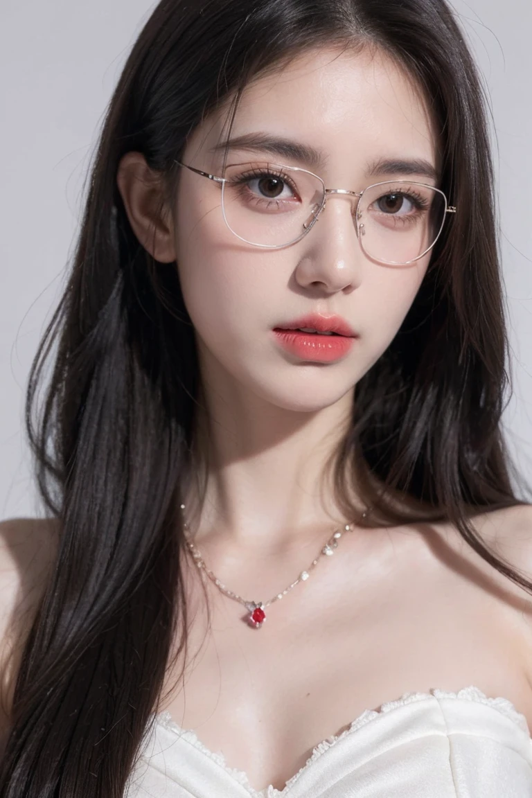 Top CG, Highest image quality, masterpiece, Gentle and beautiful girl, (185cm美女), (fit), Imperial sister, Queen temperament, White skin, Perfect facial features, Bright Eyes, Red lips, Beautiful and cold (A major breakthrough)), Beautiful and heroic, Soft and long hair, shiny, Lace, net, Visible through clear skin, wear glasses, ruby neckLace, (evening dress), 8K Image Quality, (Realistic Portraits), Characters fill the screen, (Facial lighting), ((eternal)