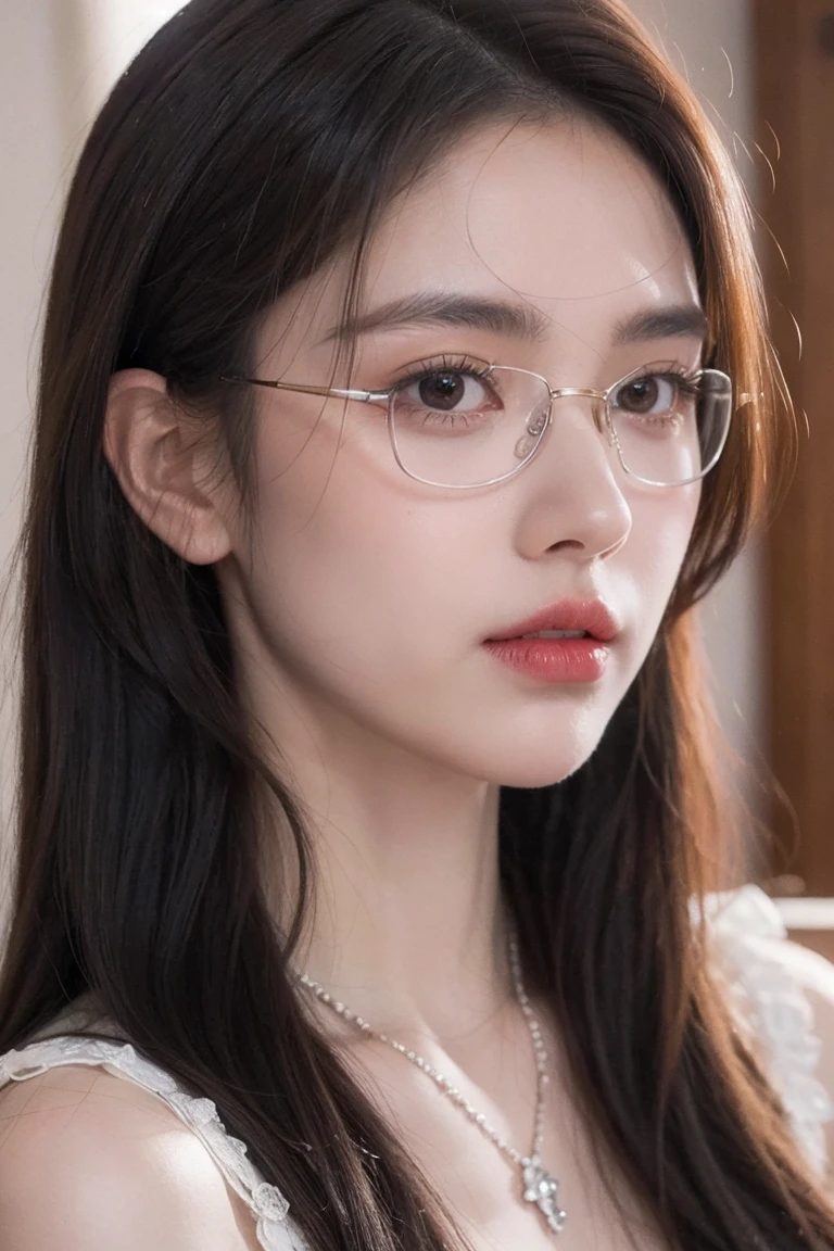 Top CG, Highest image quality, masterpiece, Gentle and beautiful girl, (185cm美女), (fit), Imperial sister, Queen temperament, White skin, Perfect features, Bright Eyes, Red lips, Beautiful and cold (A major breakthrough)), Beautiful and heroic, Soft and long hair, shiny, Lace, net, Visible through clear skin, wear glasses, ruby neckLace, (evening dress), 8K Image Quality, (Realistic Portraits), Characters fill the screen, (Facialing), ((eternal)
