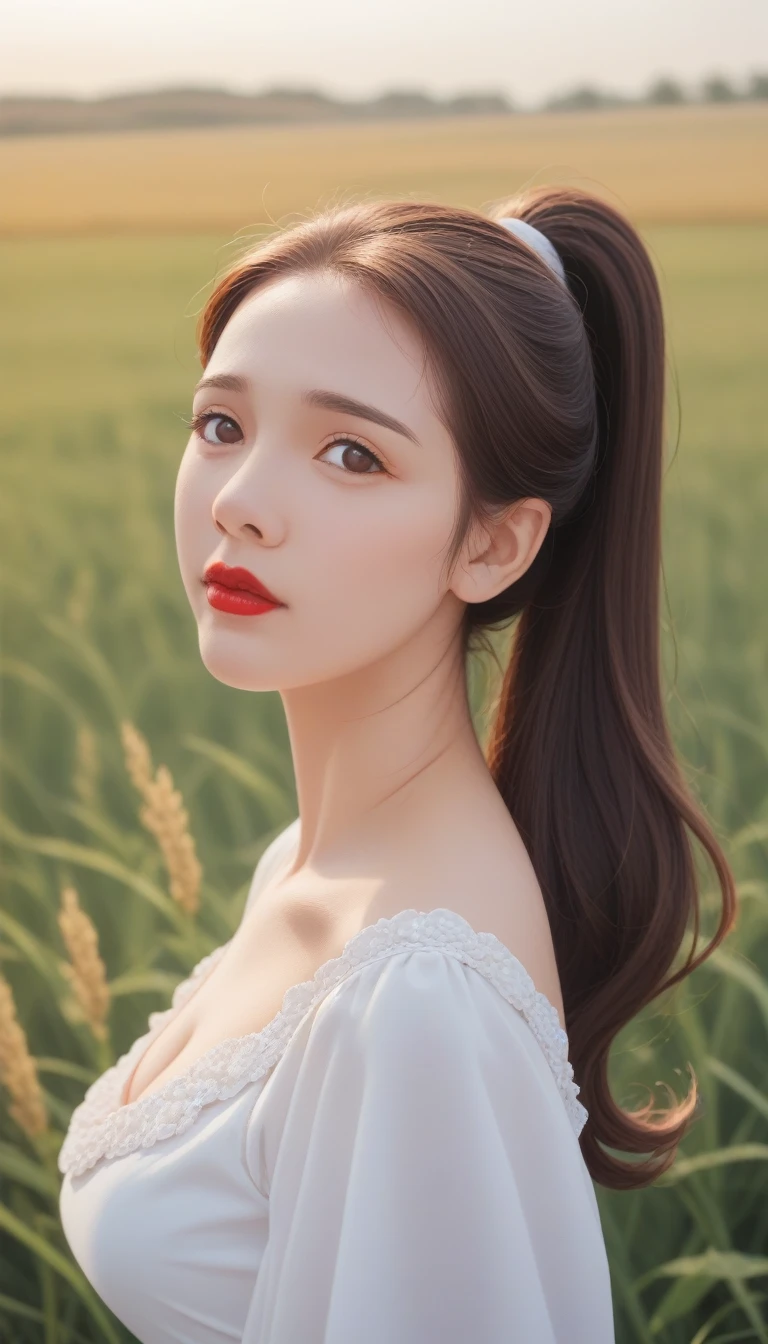 score_9_up, score_8_up, score_7_up, (masterpiece:1.4),, (best quality:1.4),, Ultra-high resolution,, 8K, CG,, (Extremely refined:1.2),, , Upper Body,, from the side,, Looking at the audience,, , 1 Girl,, Solitary,, Fashion Girl,, Mature girl,, , Lovely, Sweet,, , in a wheat field,, Blurred background,, , Brown long hair,, Ponytail,, , Brown eyes,, Shut up,, Red lips,, , Windblown face,, , White Dress,, Medium breasts,