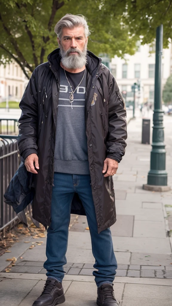 generate a very realistic 8k image of a handsome bearded homeless man at least 27 years old looking straight at the camera in a dirty and torn coat in a beautiful city park
