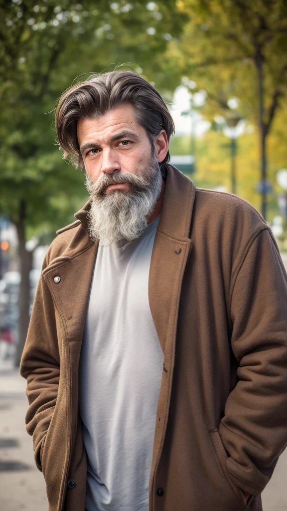 generate a very realistic 8k image of a handsome bearded homeless man at least 27 years old looking straight at the camera in a dirty and torn coat in a beautiful city park