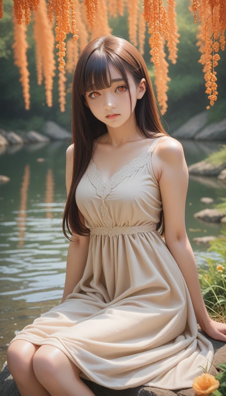 score_9_up, score_8_up, score_7_up, Cartoon character Brazilian indigenous adult female, Beige dress, Bronze skin, Long hair with bangs, Sitting by the river, masterpiece, best quality, Delicate skin, Delicate eyes, Orange Eyes,8K, Good light blocking properties, graceful brushstrokes, Detailed background, Good anatomy