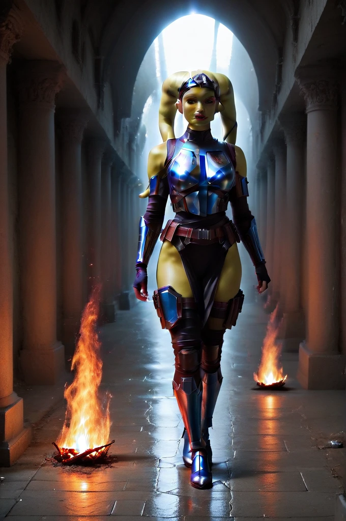 a ((fall body)) ((female twi'lek ))mandalorian,walking on fire, beautiful detailed eyes, beautiful detailed lips, extremely detailed face, long eyelashes, mandalorian armor, sci-fi, cinematic lighting, dramatic, epic, intricate details, hyper-realistic, 8k, high-quality, photorealistic