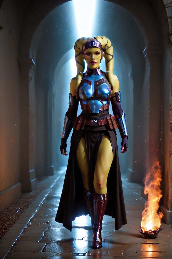 a ((fall body)) ((female twi'lek ))mandalorian,walking on fire, beautiful detailed eyes, beautiful detailed lips, extremely detailed face, long eyelashes, mandalorian armor, sci-fi, cinematic lighting, dramatic, epic, intricate details, hyper-realistic, 8k, high-quality, photorealistic
