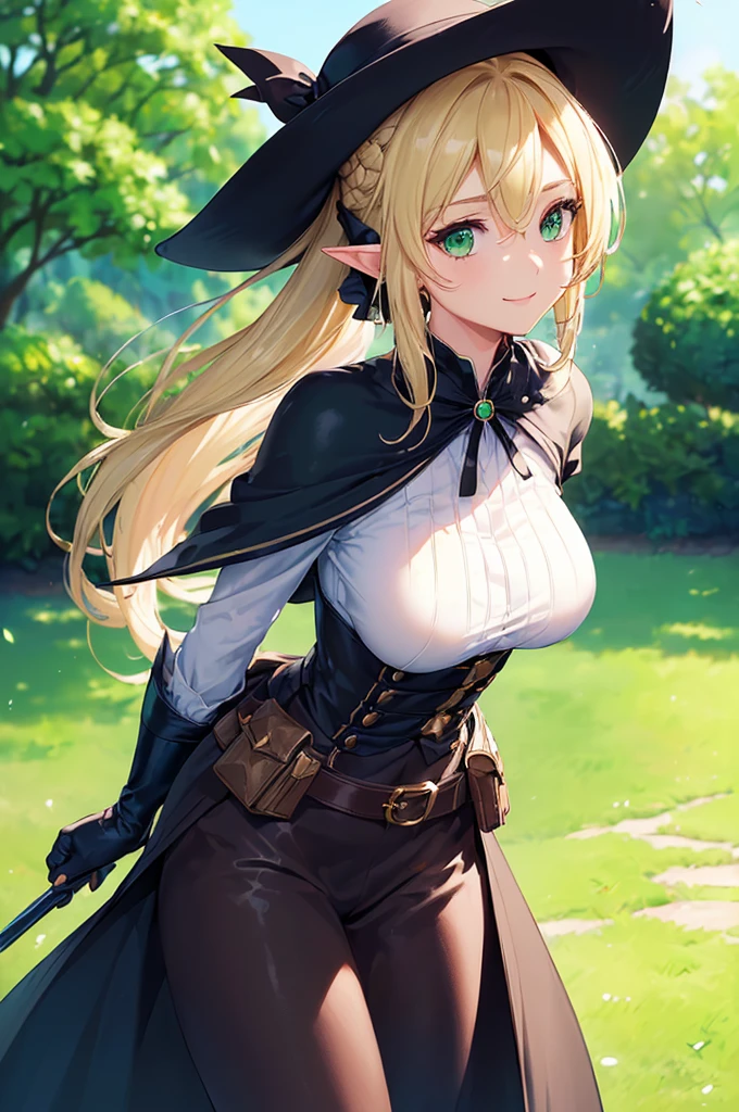 (((masterpiece; best quality: 1.2))), (finely detailed eyes: 1.3), (25 year old elf woman), (solo), (green eyes: 1.4), (body; big breasts, fit, femenine: 1.3), (silky blonde hair in low ponytail: 1.3), (beautiful and clear background: 1.2), ((depth of field)), (equipment: adventurer garb + modest + elegant wide-brimmed hat + dark blouse + dark cape + black long skirt + gloves + belt + pouches: 1.3), (anime illustration: 1.2), (background composition; royal garden: 1.1), (extremely fine and beautiful: 1.1), (shot composition; standing + centered on torso + close-up: 1.5), (expression; calm, smile: 1.2)