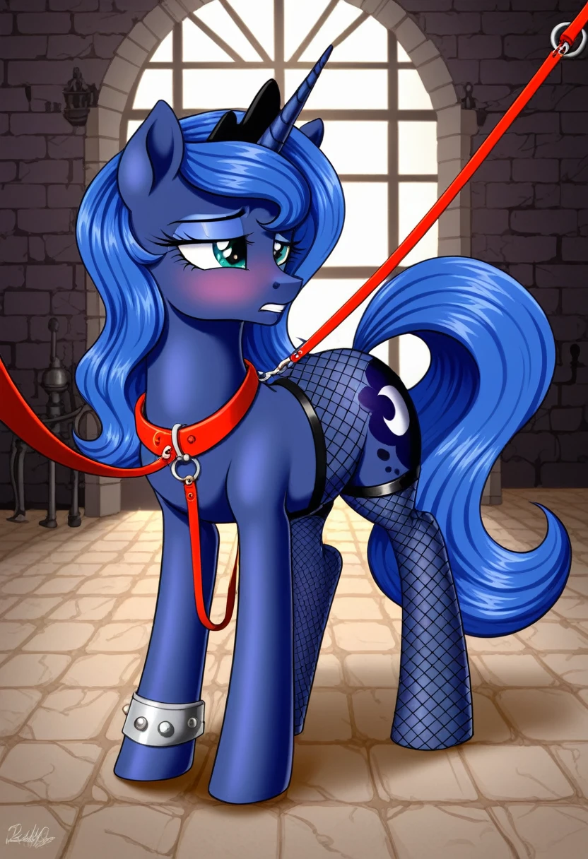 Pony sad Princessa luna in in fishnet tights b locked in a dungeon walks on a leash