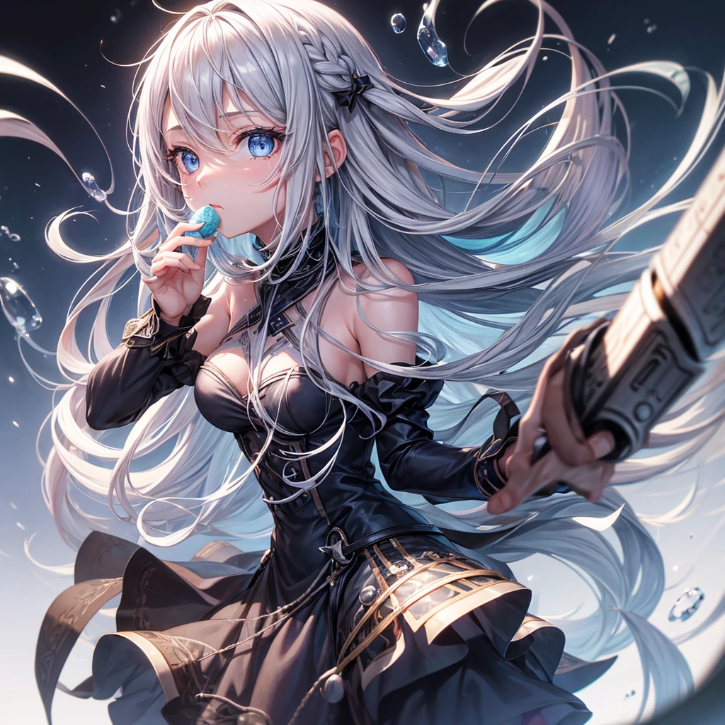 One girl, Long Hair, High resolution, Gaze, blue eyes, Food, Gray Hair, I want to cry, Simple Background, far and near method, Illustration,