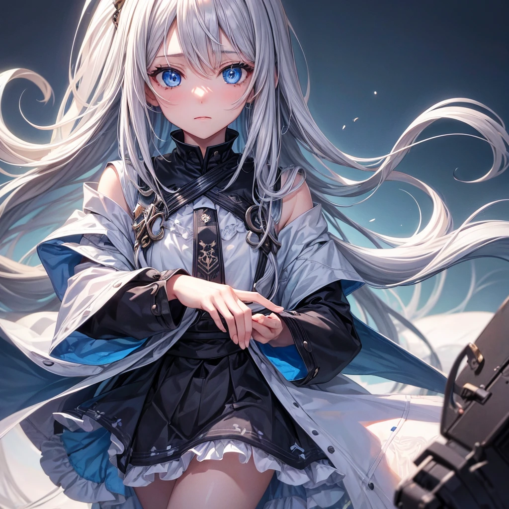 One girl, Long Hair, High resolution, Gaze, blue eyes, Food, Gray Hair, I want to cry, Simple Background, far and near method, Illustration, 