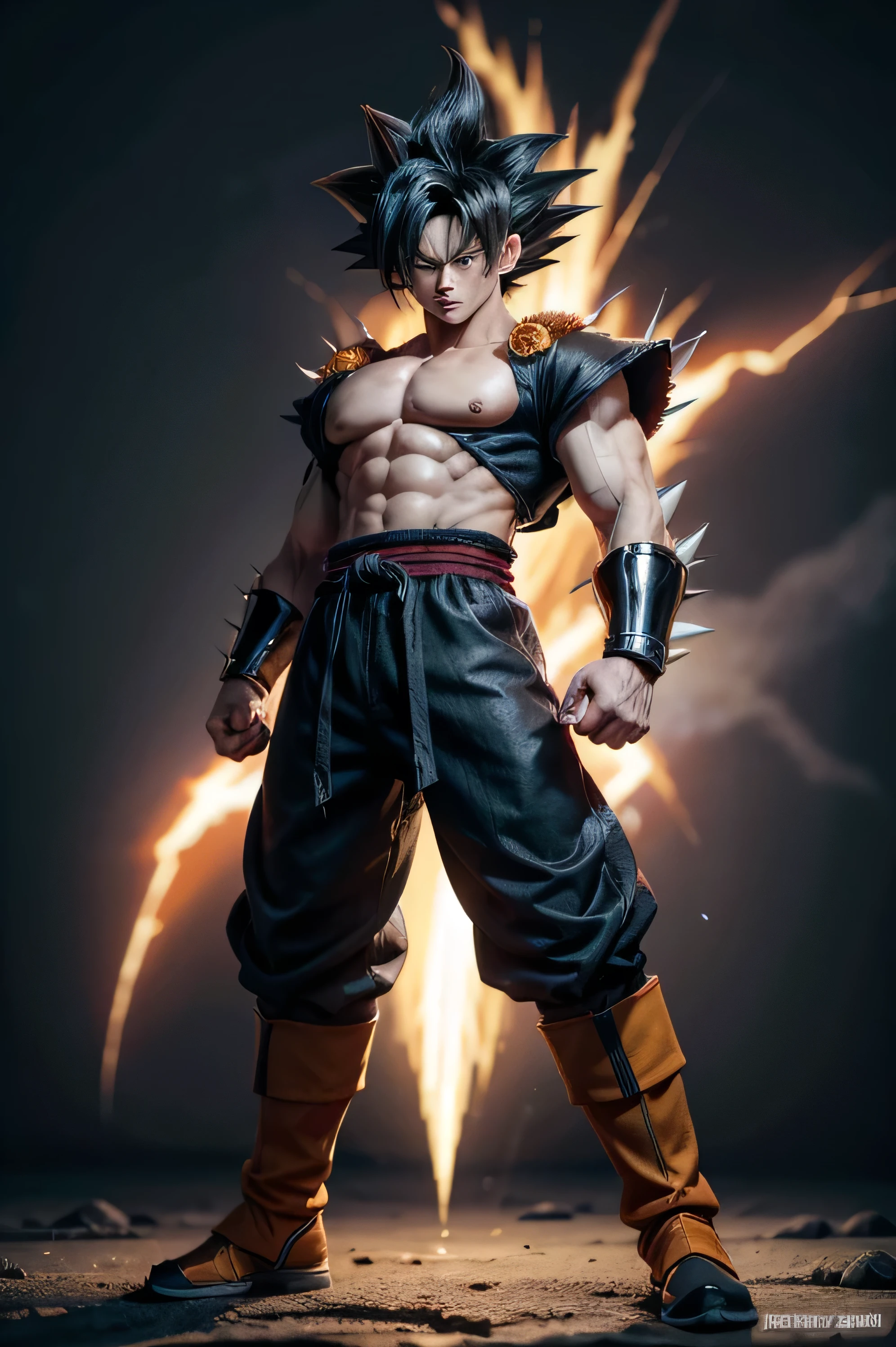 “Create a futuristic character inspired by Goku at level 4 in Super Saiyan. It must have a modern and technological look, with futuristic details in your clothing and accessories. The character must have his arms crossed, displaying a confident and powerful expression. Your appearance should reflect strength and determination, with spiky hair and intense eyes, characteristics of Super Saiyan level 4. hair must be black, with a red Super Saiyan aura around. He must also have a red monkey tail, not Dragon Ball GT style.”