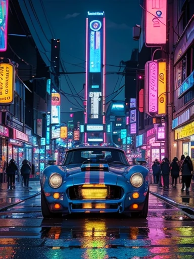(full body), shelby cobra, ((beatiful detailed cyberpunk city)), ((streets with neon lights)),