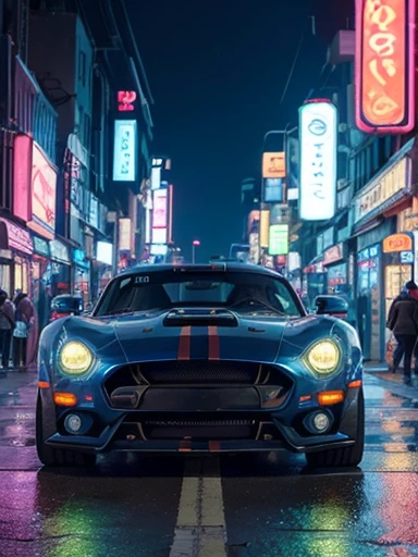 (full body), shelby cobra, ((beatiful detailed cyberpunk city)), ((streets with neon lights)),