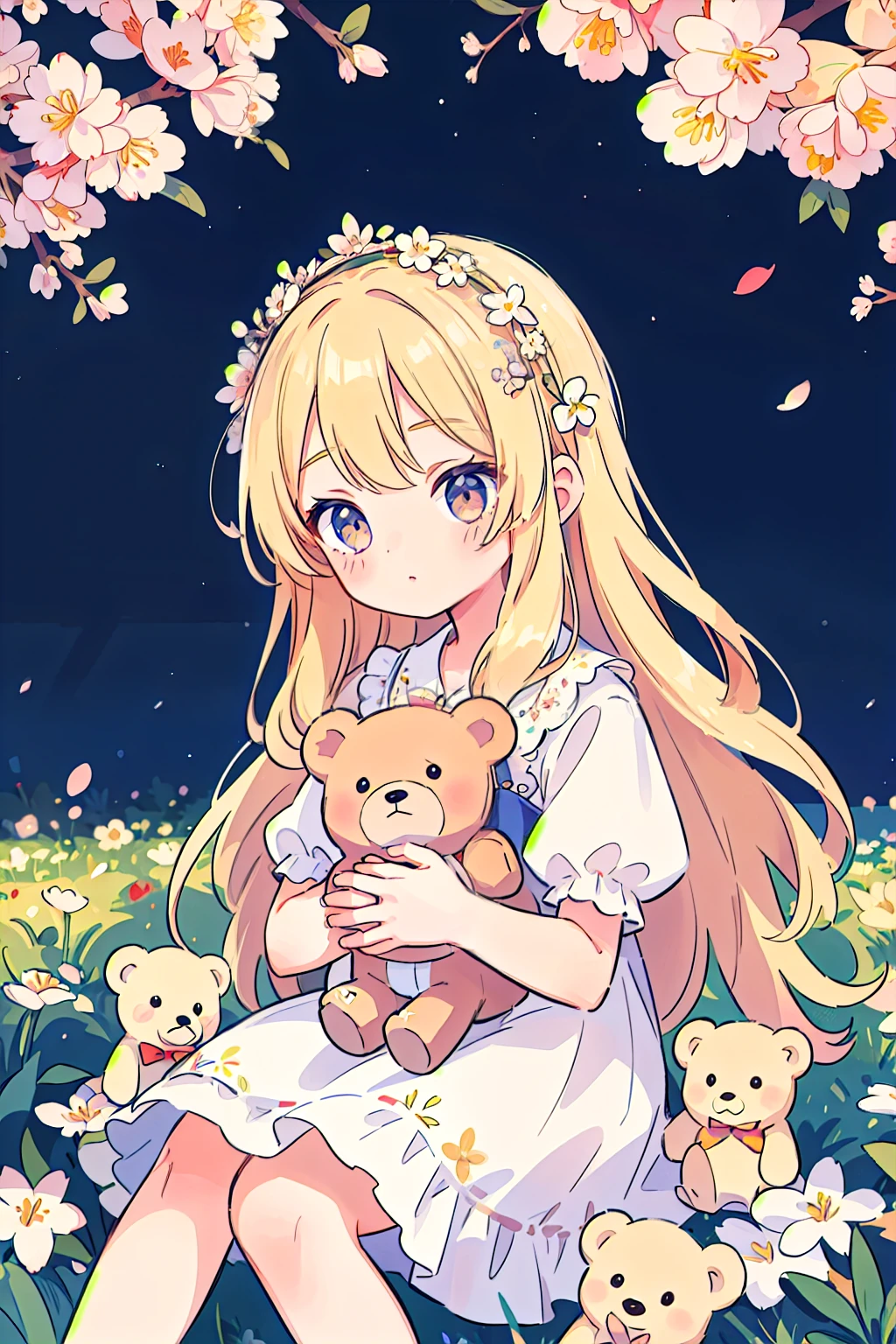 A young girl with long blonde hair, wearing a white dress with floral decorations, sits holding a teddy bear. She has a flower crown. The background is a night sky with sparkling lights and cherry blossoms hanging above. Detailed, anime style. Add a fairy dust overlay.