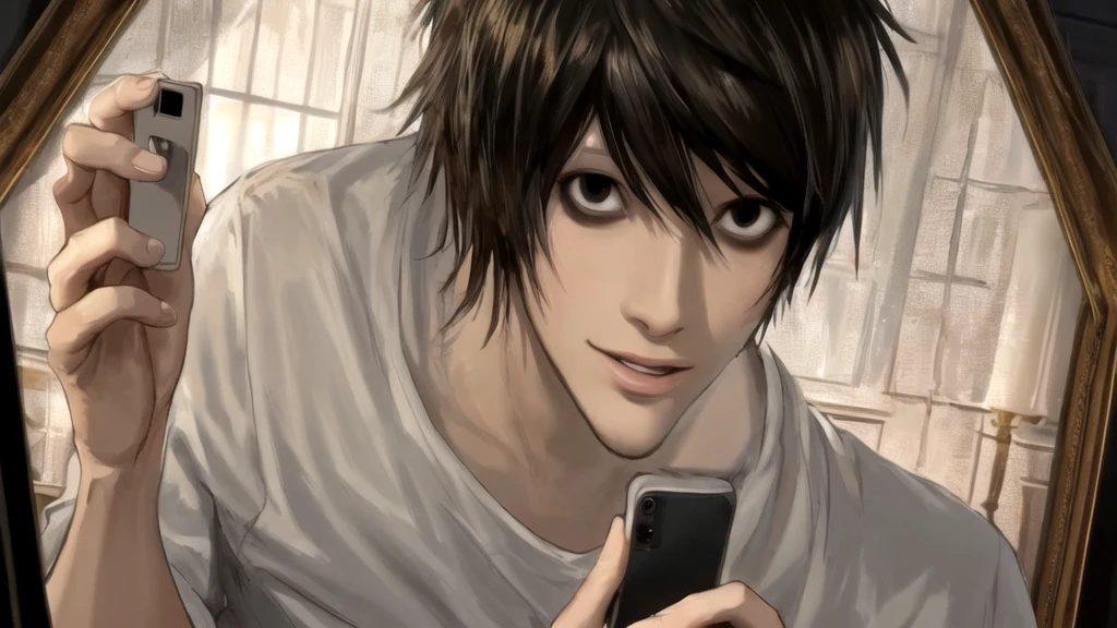 1 boy, man, perfect anatomy, mesmerizing black eyes, 8k resolution, (one person), (realism: 1.2), (masterpiece: 1.2), (cowboy frame: 1.2), dark romantic lighting, (high detail: 1.2), (detailed face: 1.2), (gradients), bright detailed eyes, (natural light: 1.2), solo, indoors, perfect lighting, perfect facial features, perfect angle, perfectly drawn eyes, man, smile, skinny, holds the phone in his hand
