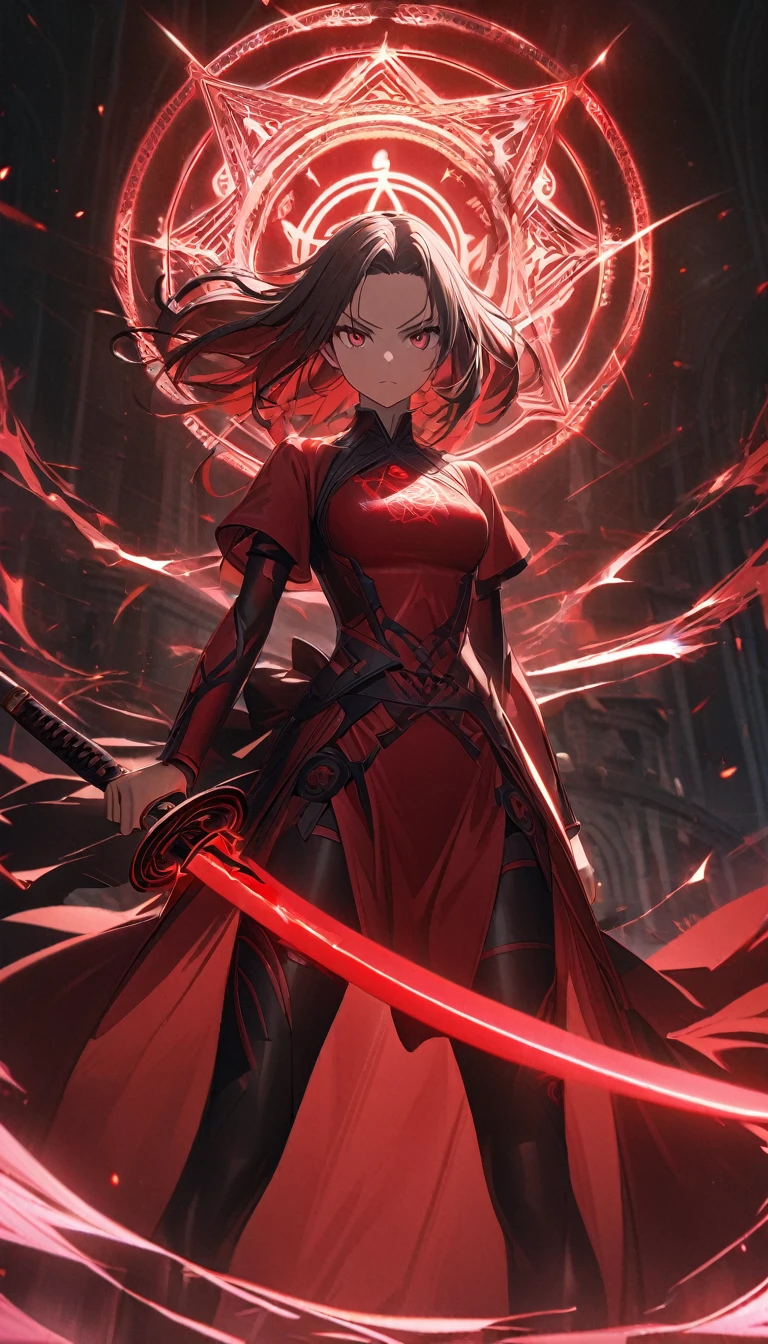 1girl,red curtain hair forehead,glowing katana,red glowing eldritch magic circle, serious,calm perfect body,8k,high definition,