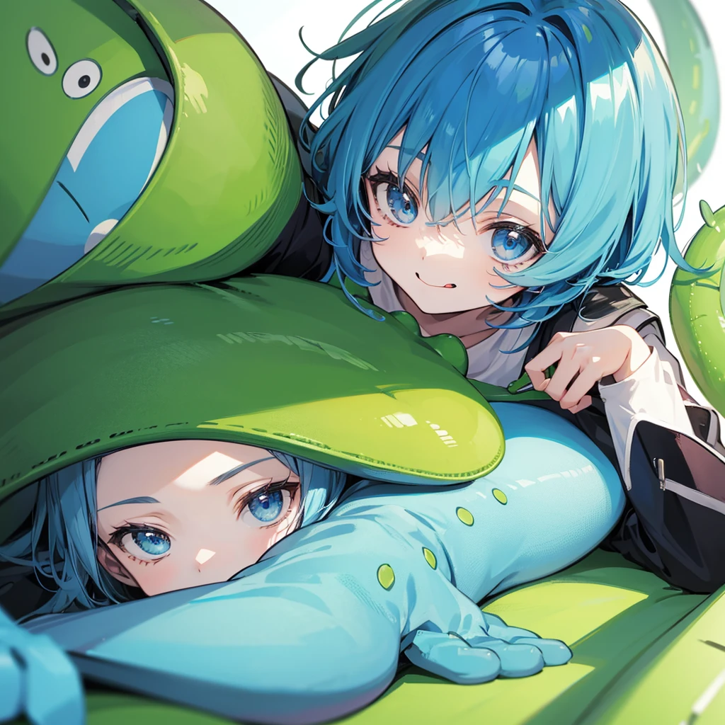 Blue hair boy Lying down with a green dinosaur Illustration smiling, Sticking out tongue, Wide-angle shot,