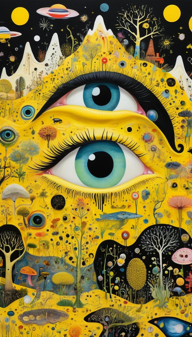 Intense visual fusion of various elements,broto,microorganism、plantar、house、Eye、wild animal life,Stitching an abstract painting,Describing the inner world of autistic people,Sense of space,blank space,interesting,innocence,psychedelic art,yellow and black,3d