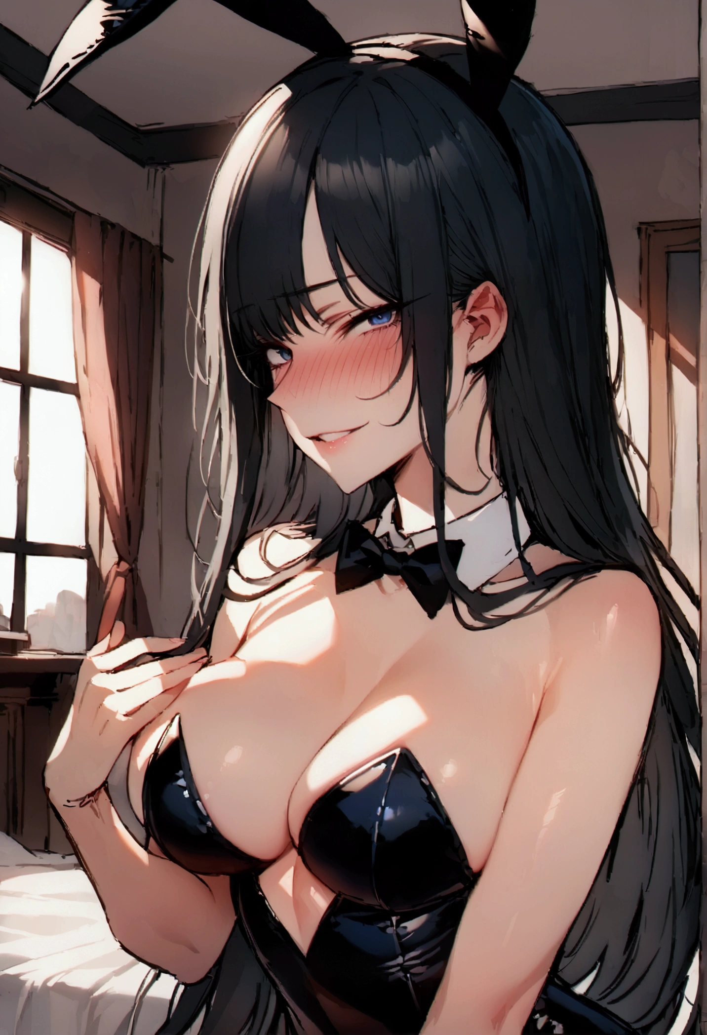 masterpiece, best quality 1girl, solo, beautiful woman, bangs, black hair, very long hair, him cut, dark blue eyes, deep blush, grin, medium breasts, blak playboy bunny outfit, nothing but an open white blouse, holding her breasts, looking at viewer, bedroom background
