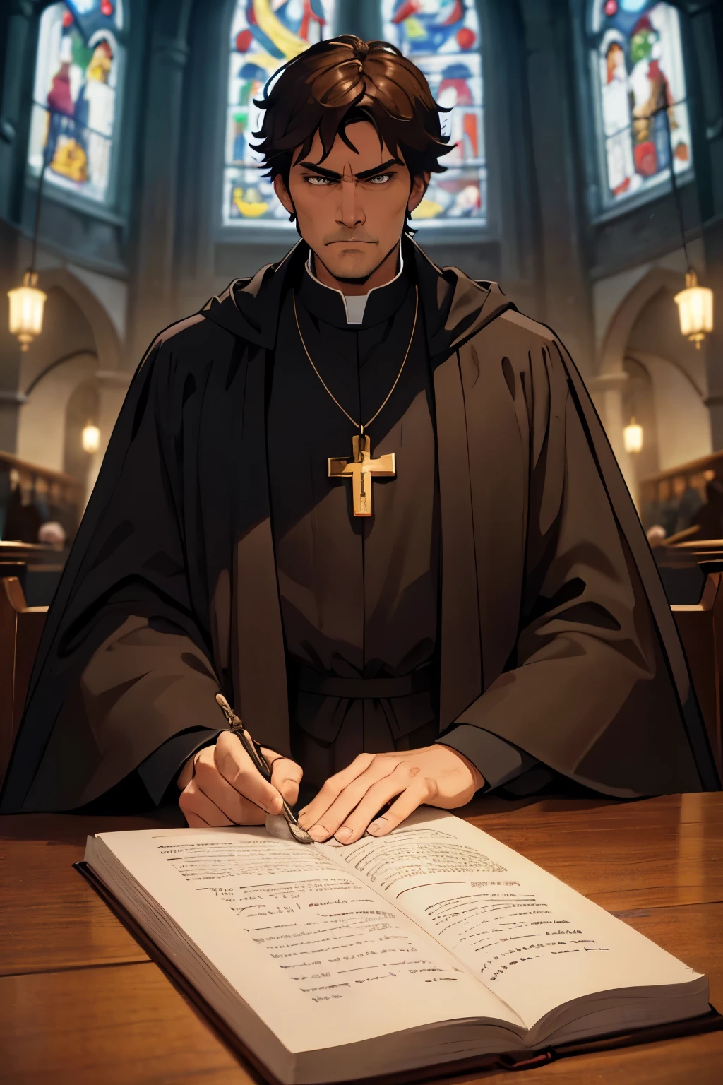 male priest, Martin Luther, black robes, older, handsome gentleman, barba, Brown hair, necklace with a cross, religion, church in the background, dramatic lighting, cinematic angle, HD, masterpiece, extremely detailed