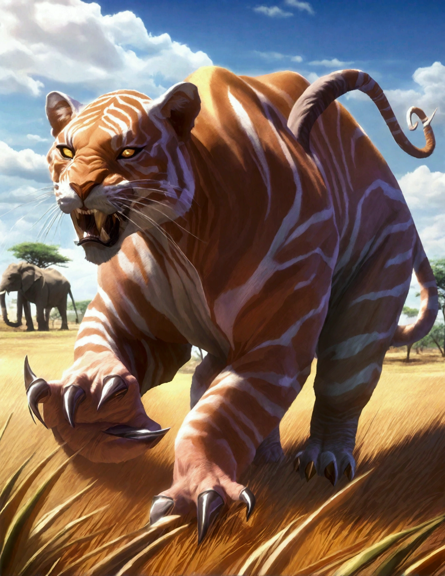 a gigantic cat on the african savannah,hunting elephants like mice,large feline predator,powerful muscles,sharp claws,fierce eyes,stalking prey,dramatic lighting,cinematic composition,vibrant colors,dramatic shadows,photorealistic,8k,highly detailed,masterpiece