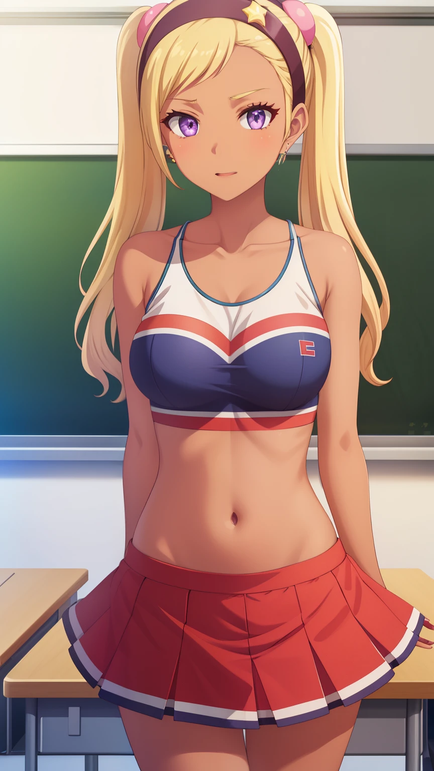 QUITTERIE RAFFAELI, LONG HAIR, BLONDE HAIR, TWINTAILS, PURPLE EYES, HAIRBAND, DARK SKIN, DARK-SKINNED girl, JEWELRY, EARRINGS, 1girl, solo, masterpiece, illustration, game CG, absurdres, highly detailed, classroom, cheerleader, midriff, collarbone