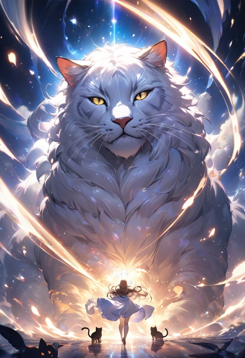 Highest quality, Highest quality, 16K, Unbelievably absurd, Very detailed, delicate and dynamic, Natural light, The particles reflect light, Diffuse reflection of light, Vortex of Light, magical, spooky, super big cat, god of cats