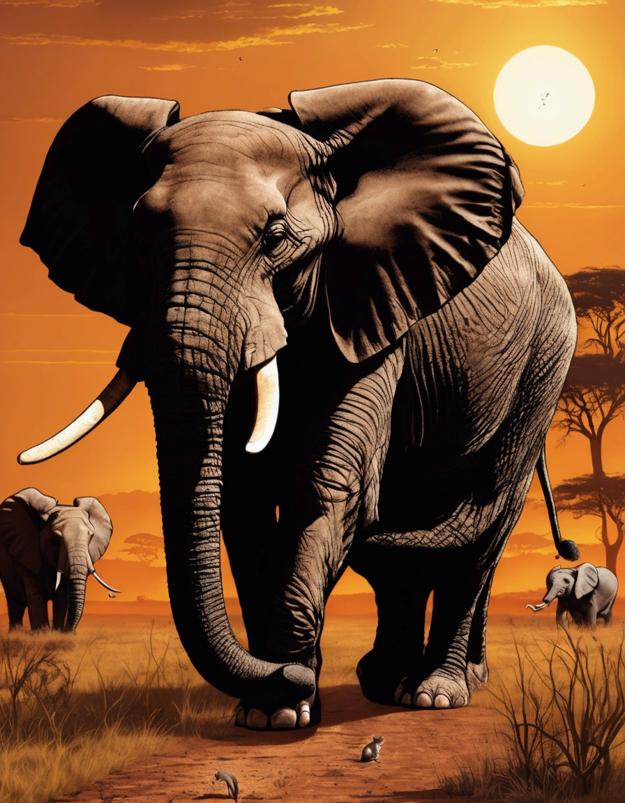 A gigantic cat on the African savannah is hunting Elephants as if they were mice