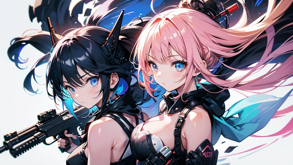 Two girls fighting with guns。