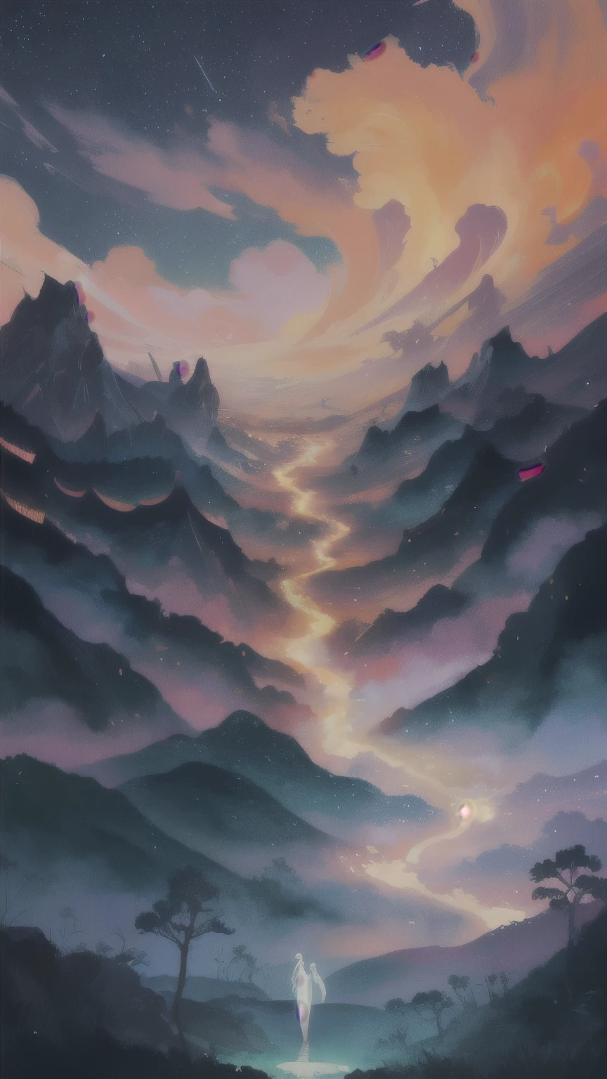 there is a painting of two people standing on a hill, android jones and rhads, painting of a dreamscape, android jones and atey ghailan, moonlit starry sky environment, amazing wallpaper, blurry and dreamy illustration, studio ghibli sky, ghibli screenshot, painted as a game concept art, detailed painting 4 k, dreamy illustration, a still of an ethereal