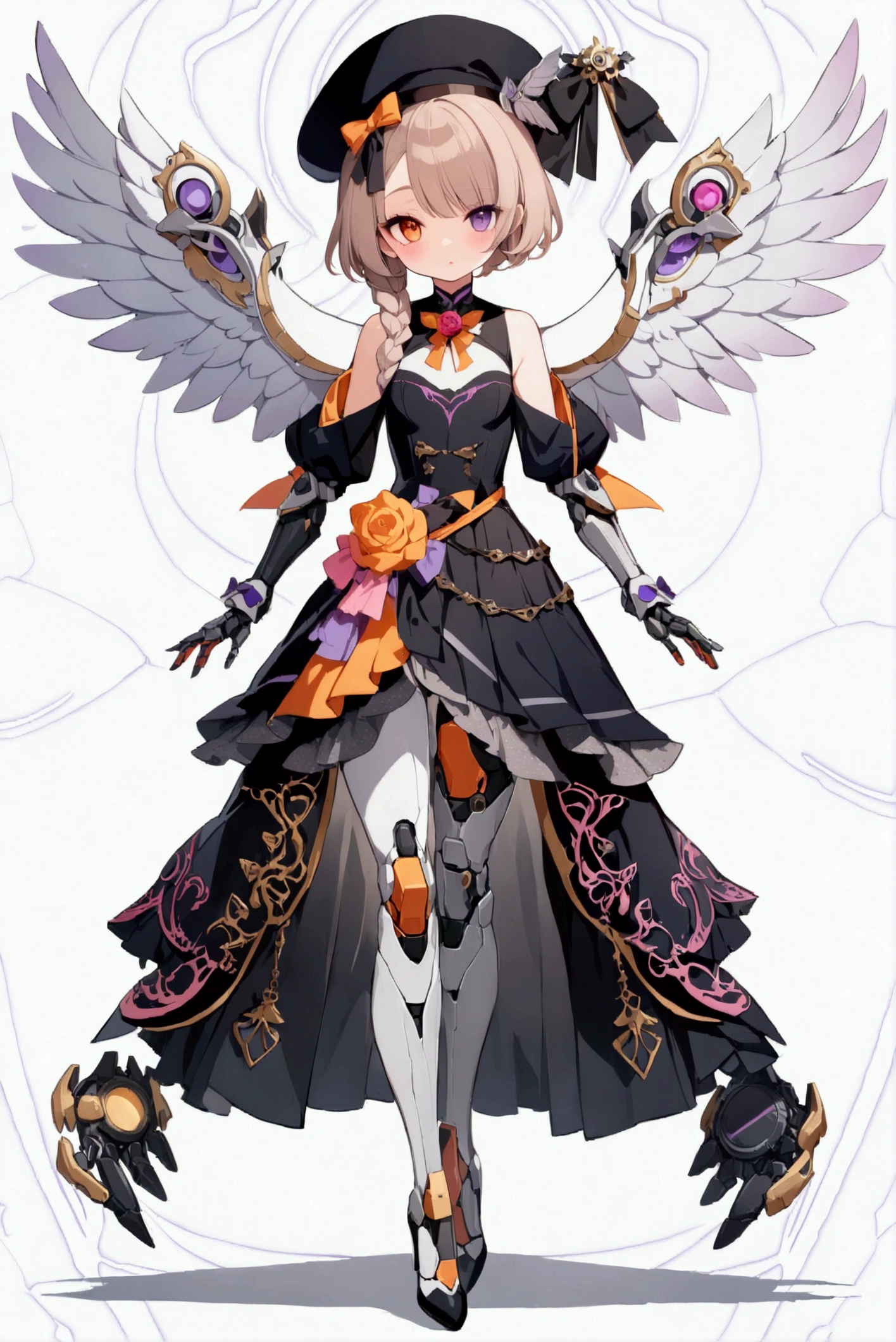woman 160 cm tall, slim build, , charming look, ((heterocromia: look like, derecho naranja y look like izquierdo violeta)), (gray hair with pink details wavy shoulder length, He has a medium braid on the left side of his hair on his chest., big open bangs, has a gear hairpin on the left side of the hair), (((complex mechanical legs up to the hip, The legs are black with gray parts with small pink details))), (((complex mechanical arms up to the elbows, The arms are black with gray parts with small pink details))), (complex mechanical angel wings of white color with dark gray parts), elegant black French beret with an orange rose ribbon, golden gear in the beret next to the ribbon, (elegant thigh-length one-piece dress, bell skirt, short sleeves, elegant black hip belt with orange parts, small rose brooch in the middle of the chest, beautiful stiletto heels, blue and black ribbon decorations on the dress, (((character design sheet: Front view))), ((Whole body)), extremely detailed beautiful hair, beautiful detailed dress, extremely detailed arms, extremely detailed face, (Extremely detailed hands), perfect hands, small face, hermosos look likes detallados, beautiful detailed lips, adorable, extremely detailed legs, (Best Quality, 8k, High resolution), ultra detailed, Exquisite and epic character art, ((White background)), (Focus on symmetry).