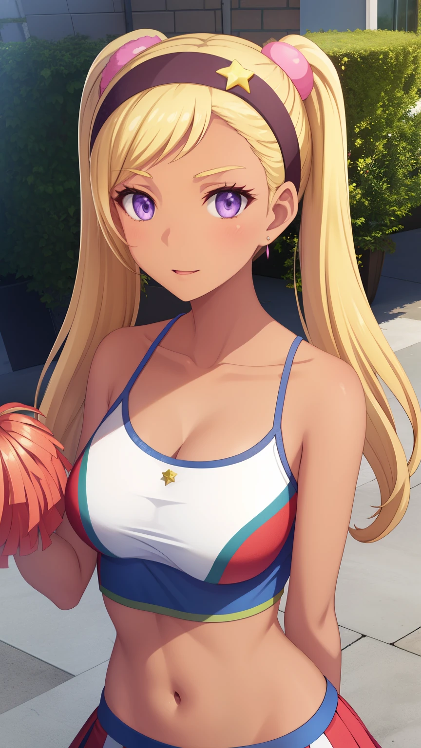 QUITTERIE RAFFAELI, LONG HAIR, BLONDE HAIR, TWINTAILS, PURPLE EYES, HAIRBAND, DARK SKIN, DARK-SKINNED girl, JEWELRY, EARRINGS, 1girl, solo, masterpiece, illustration, game CG, absurdres, highly detailed, school courtyard, cheerleader, midriff, collarbone