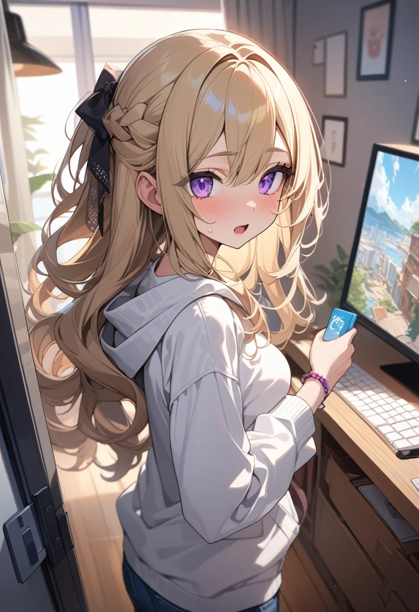 masterpiece, best quality, extremely detailed, ultra detailed, flat anime, 2D,
1girl, (young adult:1.2),blonde hair, (semi-long hair:1.2), curly hair, french braid, medium breasts, purple eyes, tsurime, height 1.7meters,
white hooded sweatshirt, jeans,bracelet, long sleeves,socks,
very interesting, open mouth, USB flash drive in hand,
upper body, portrait, looking back
summer, livingroom, 12AM., standing