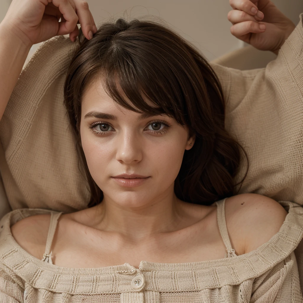 - **Apparence générale**: Femme de 24 ans à l'attitude détendue et naturelle. - **coiffure**: Cheveux raides, back or loose coiffure sur un canape
