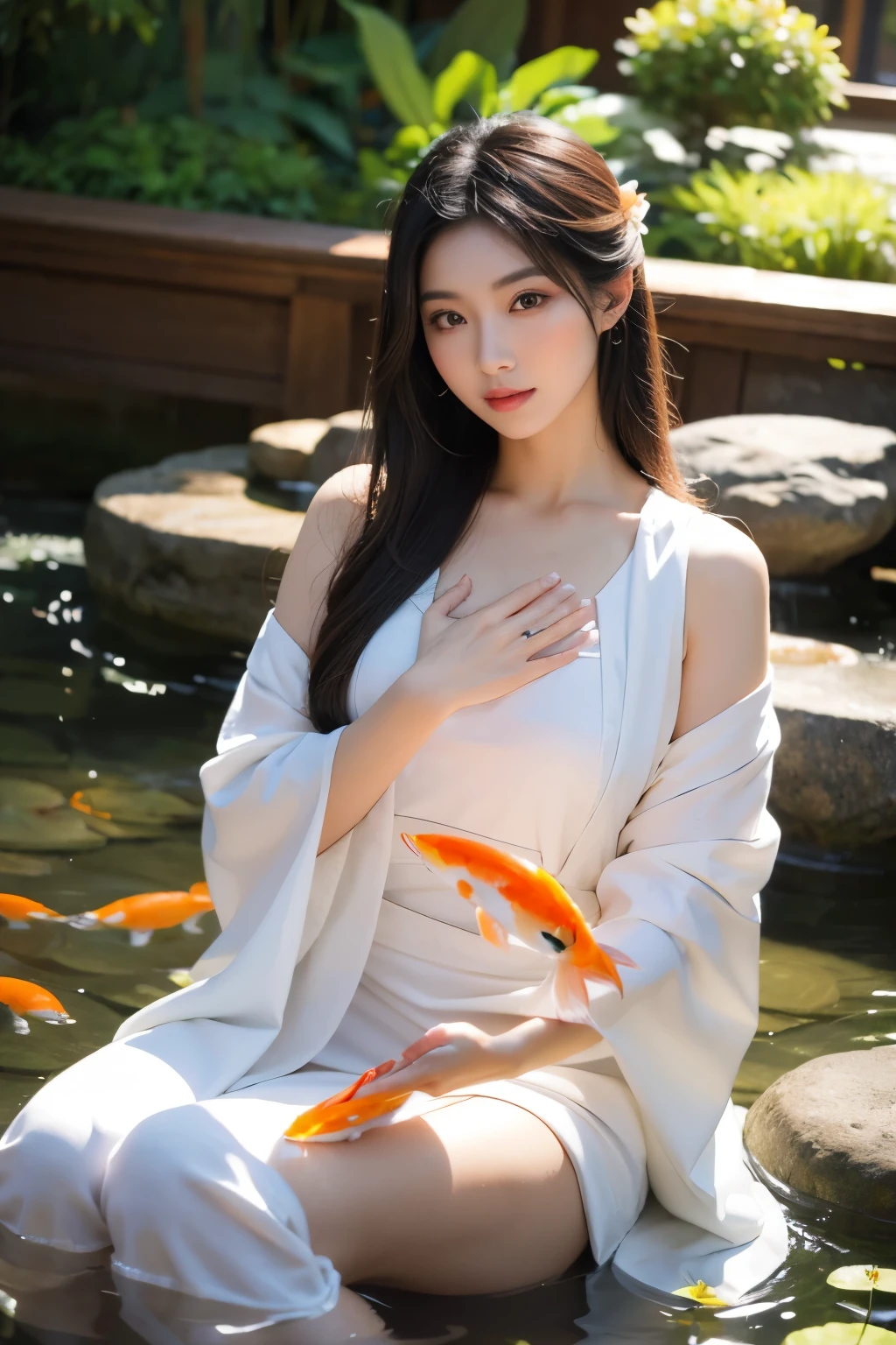 masterpiece, super realistic a beautiful woman in a discreet Zen costume, meditating in an elaborate Zen garden with a koi fish pond and lotus flowers; hyperdetailed face, super realistic eyes and hands, smooth, best teeth, sparkling skin; big wise eyes; breathtaking-pure beauty-divine perfection-unforgettable, impressive presence; volumetric lighting, halos, rays, vivid color reflections, super detailed, super sharp, super realistic, 8K